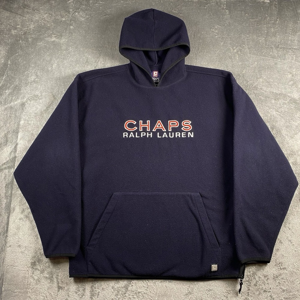 Vintage Chaps Ralph Lauren Hoodie Mens Size XL Blue Spell Out Fleece Pullover